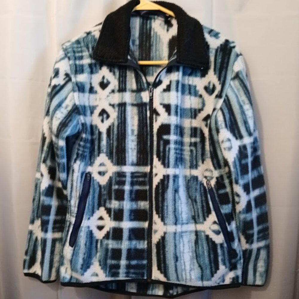 Full Zip Up Fleece Sweatshirt womens S Zippered pockets Blue Aztec print Soft
